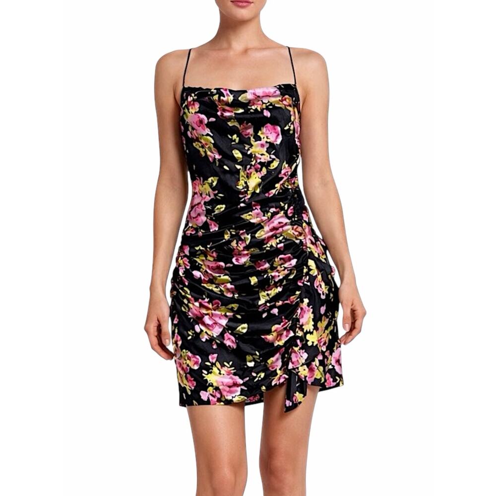 Likely Asta Floral Print Satin Mini Dress Ruffle Side Ruch Size 6